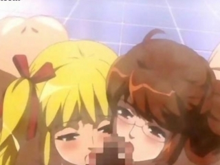Two big titted anime babes licking