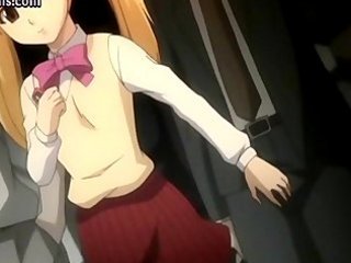 Blonde anime teenie doing handjob in the trai