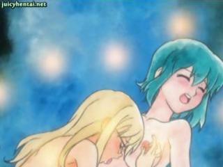 Two hentai bi girls play with a strapon and then get a real cock