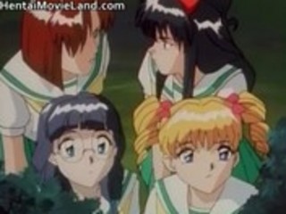 Five anime schoolgirls have fun sucking