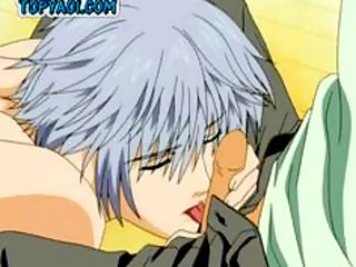 Tied up anime boy licking a hard firm cock and riding hard cock