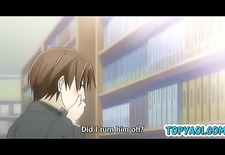 Hentai gay boy and man having kisses and love in library room