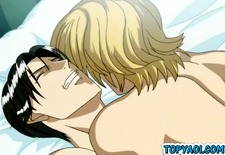 Blonde hentai gay man and his brunette fag fucking in bed
