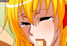 Big titted anime blonde drinks cum
