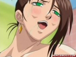 Big breasted anime schoolgirl pinches her nipples