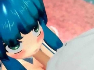 Anime with blue hair doing blowjob