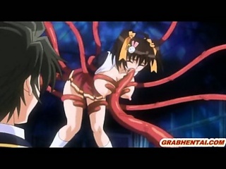 Busty hentai schoolgirl hard brutally poked allhole by tentacles